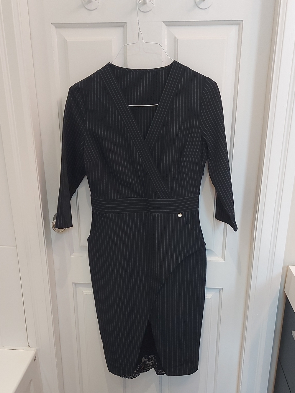Dark Navy Pinstripe Wrap-Front Midi Dress with Lace Hem